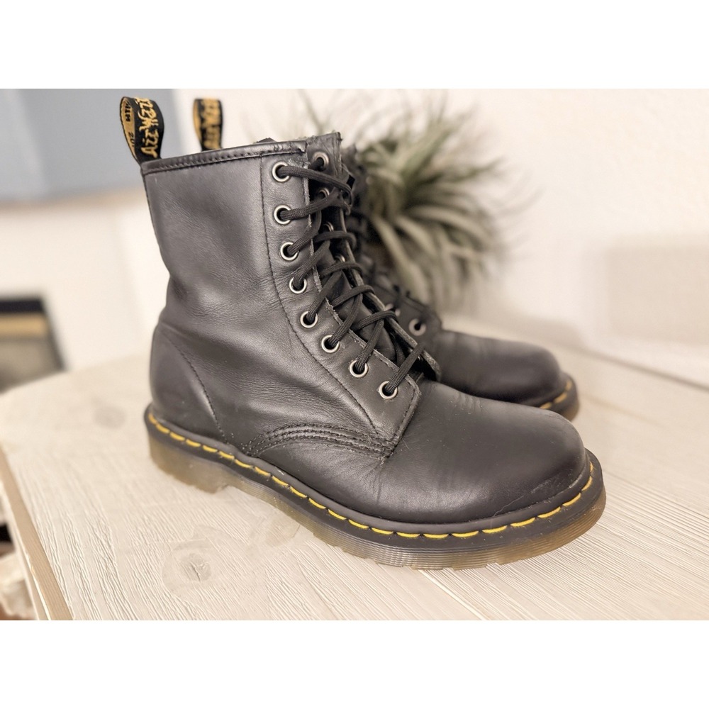 Dr. Martens Black Leather Combat Boots with Yellow Stitching